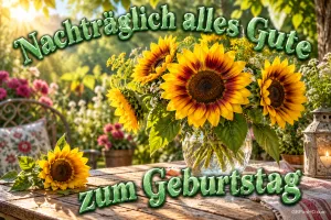Sonnenblumen in einer Glasvase auf einem Gartentisch: "Nachträglich alles Gute zum Geburtstag".