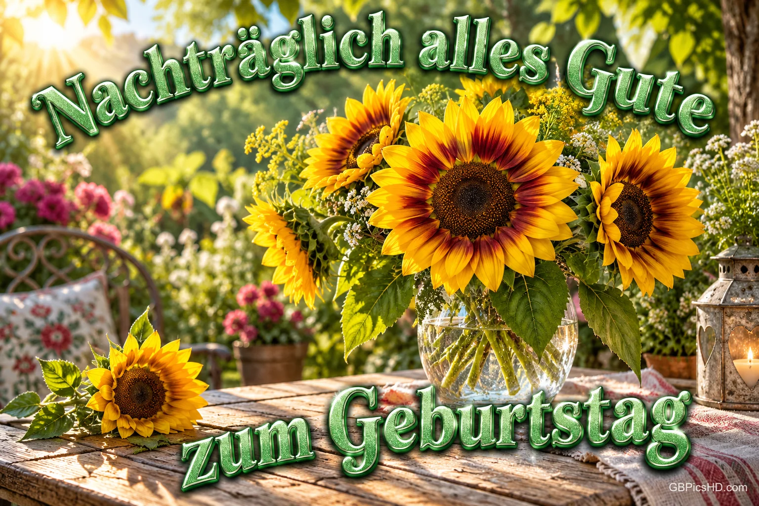 Sonnenblumen in einer Glasvase auf einem Gartentisch: "Nachträglich alles Gute zum Geburtstag".