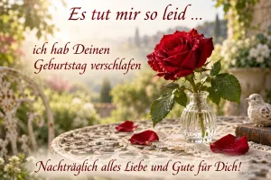 Rote Rose in einer Glasvase: "Es tut mir so leid ... ich hab Deinen Geburtstag verschlafen Nachträglich alles Liebe und Gute für Dich!"