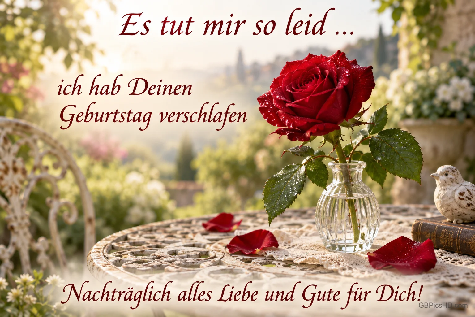 Rote Rose in einer Glasvase: "Es tut mir so leid ... ich hab Deinen Geburtstag verschlafen Nachträglich alles Liebe und Gute für Dich!" Rote Rose in einer Glasvase: "Es tut mir so leid ... ich hab Deinen Geburtstag verschlafen Nachträglich alles Liebe und Gute für Dich!"