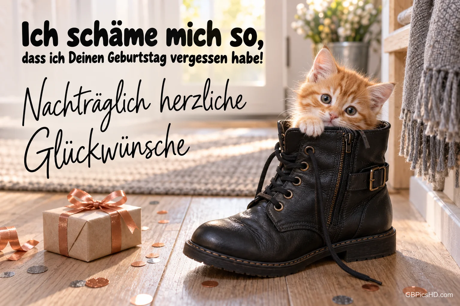 Kätzchen im schwarzen Stiefel: "Ich schäme mich so, dass ich Deinen Geburtstag vergessen habe! Nachträglich herzliche Glückwünsche". Kätzchen im schwarzen Stiefel: "Ich schäme mich so, dass ich Deinen Geburtstag vergessen habe! Nachträglich herzliche Glückwünsche".