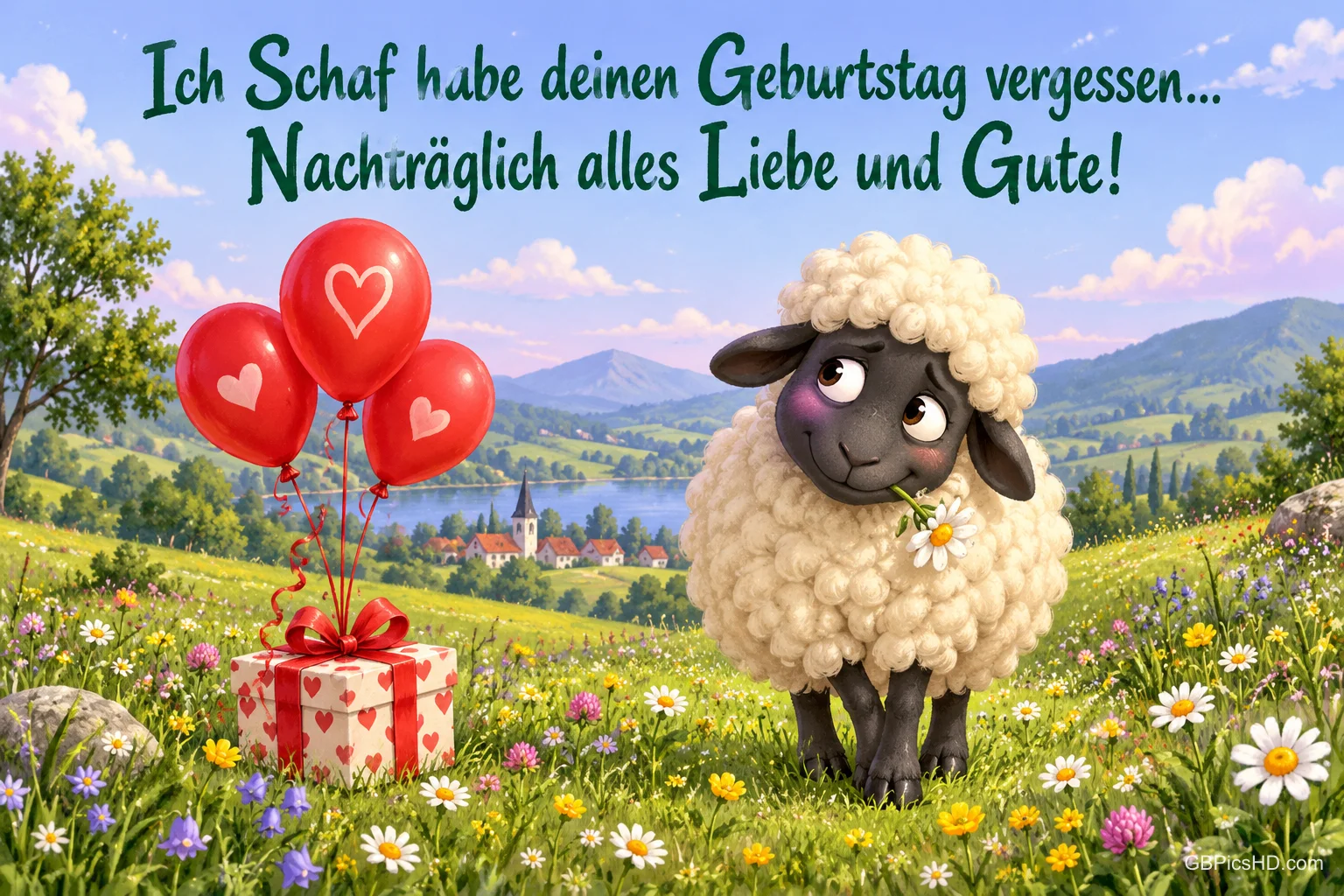 Ein Schaf steht neben Herzballons und einem Geschenk mit "Ich Schaf habe deinen Geburtstag vergessen... Nachträglich alles Liebe und Gute!". Ein Schaf steht neben Herzballons und einem Geschenk mit "Ich Schaf habe deinen Geburtstag vergessen... Nachträglich alles Liebe und Gute!".