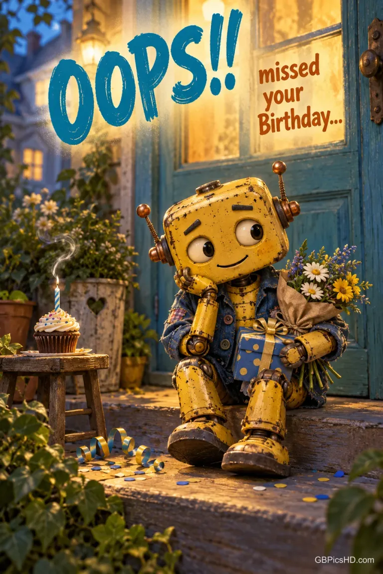 Ein gelber Roboter sitzt mit Geschenk und Blumen vor einer Tür neben einem Törtchen mit "OOPS!! missed your Birthday...".