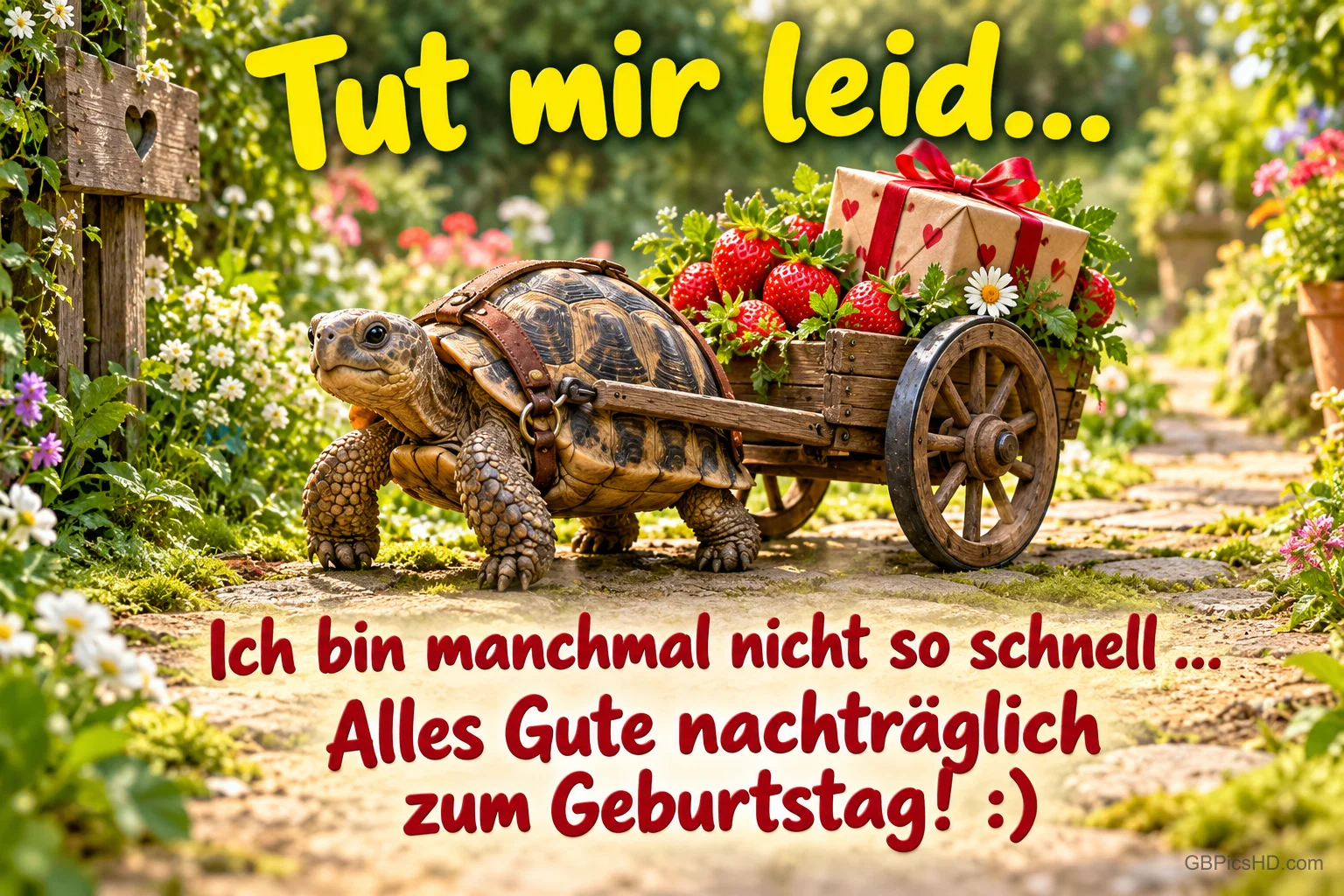 Schildkröte zieht einen Wagen mit Geschenk: "Tut mir leid... Ich bin manchmal nicht so schnell ... Alles Gute nachträglich zum Geburtstag! :)"