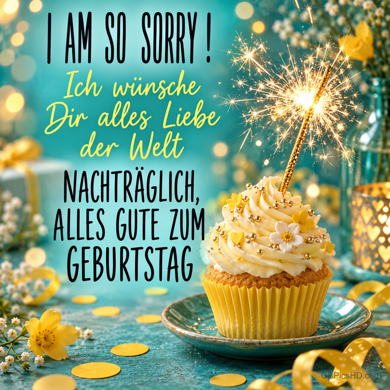 Ein gelber Cupcake mit brennender Wunderkerze steht vor türkisfarbenem Hintergrund neben "I AM SO SORRY!". Ein gelber Cupcake mit brennender Wunderkerze steht vor türkisfarbenem Hintergrund neben "I AM SO SORRY!".