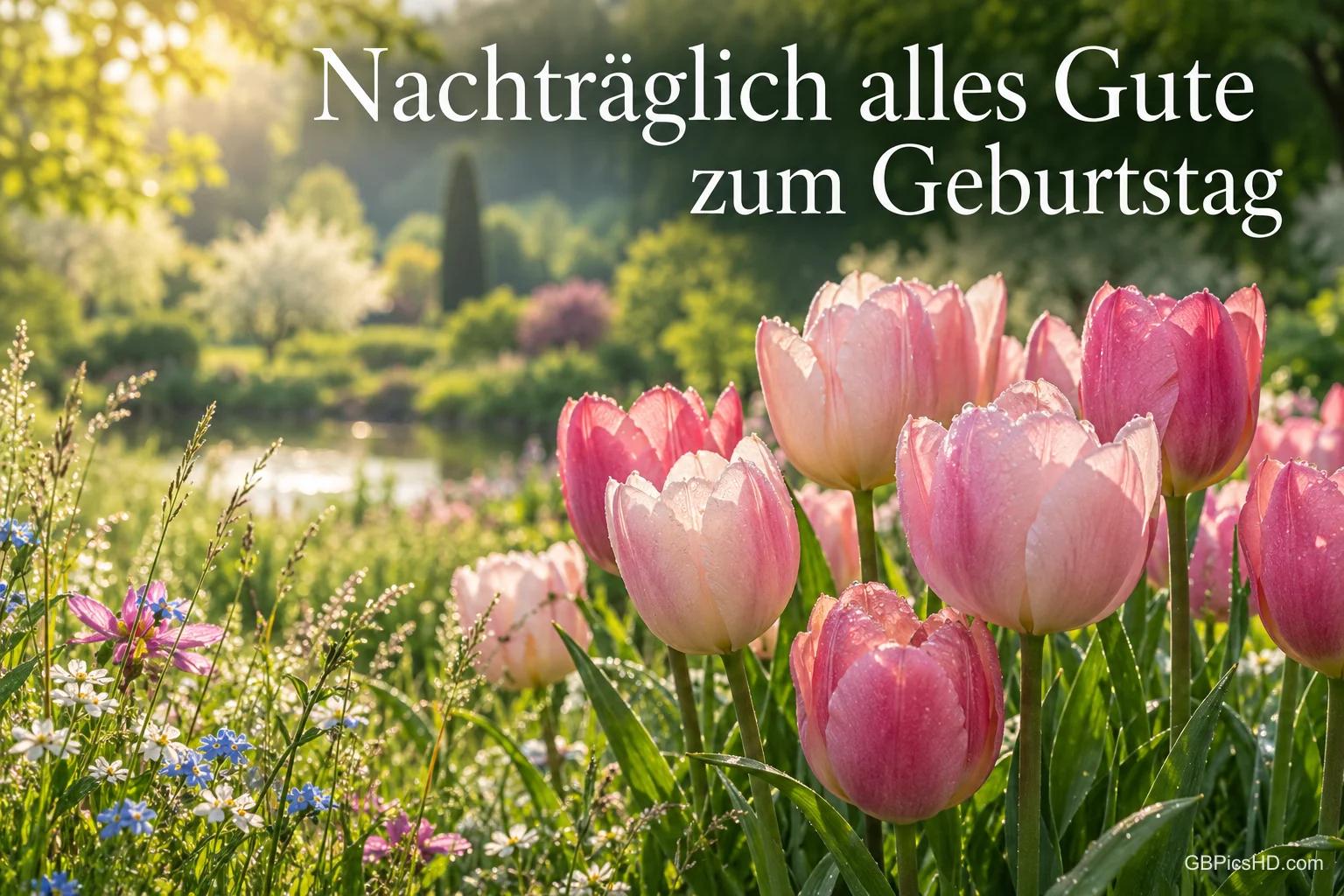 Rosa Tulpen im sonnigen Garten mit "Nachträglich alles Gute zum Geburtstag".