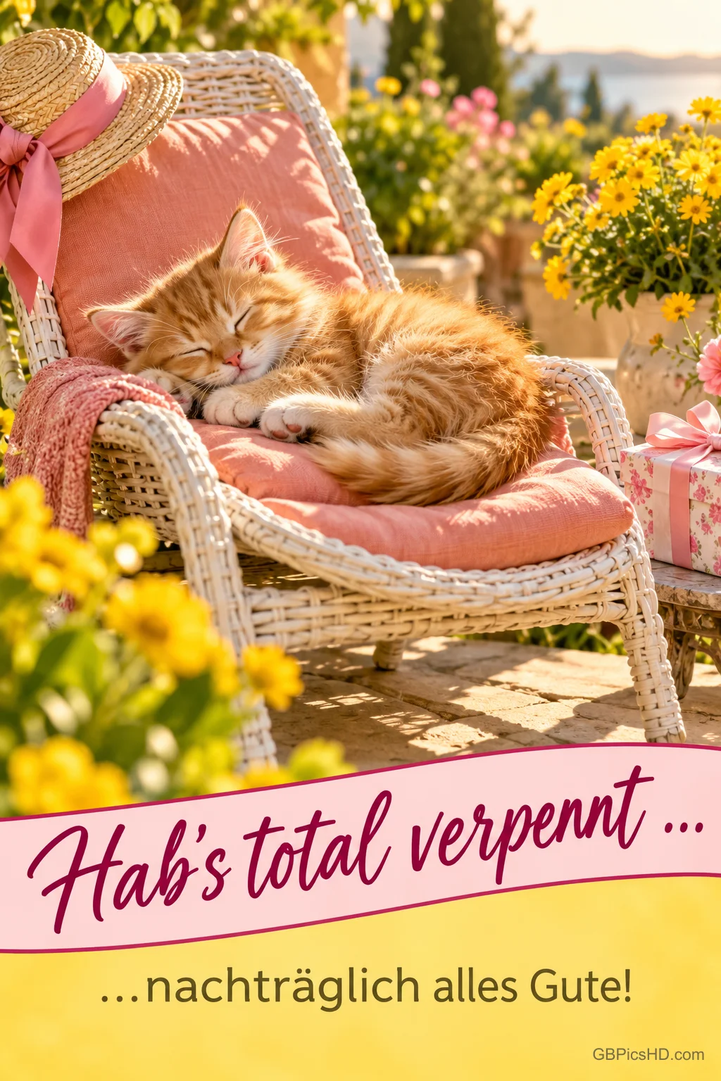 Ein Kätzchen schläft im Korbsessel neben einem Geschenk: "Hab’s total verpennt ... ...nachträglich alles Gute!".