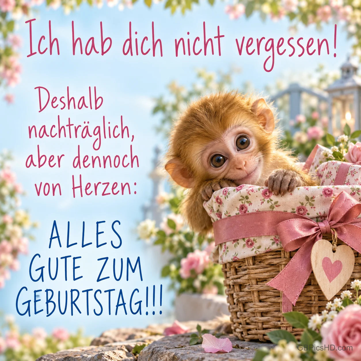 Äffchen im Korb mit "Ich hab dich nicht vergessen! Deshalb nachträglich, aber dennoch von Herzen: ALLES GUTE ZUM GEBURTSTAG!!!".