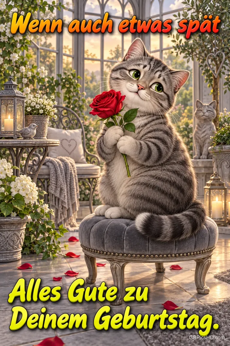 Eine getigerte Katze hält eine rote Rose auf einem Polsterhocker mit "Wenn auch etwas spät Alles Gute zu Deinem Geburtstag.".