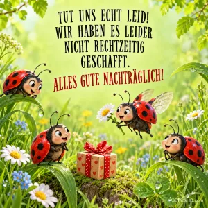Vier Marienkäfer bei einem Geschenk im Grünen mit "TUT UNS ECHT LEID!" und "ALLES GUTE NACHTRÄGLICH!".