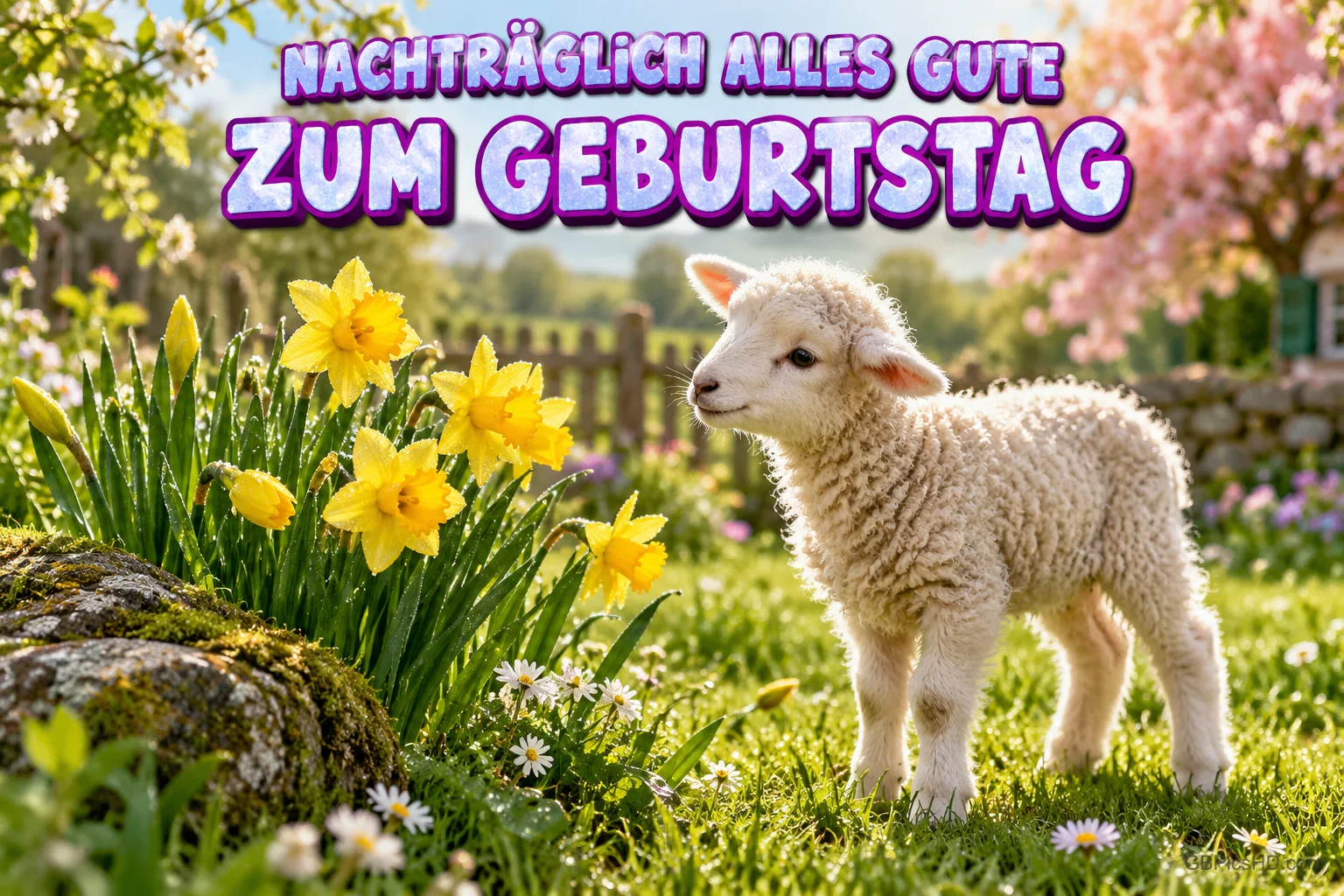 Ein weißes Lämmchen neben gelben Narzissen im Garten mit "NACHTRÄGLICH ALLES GUTE ZUM GEBURTSTAG".