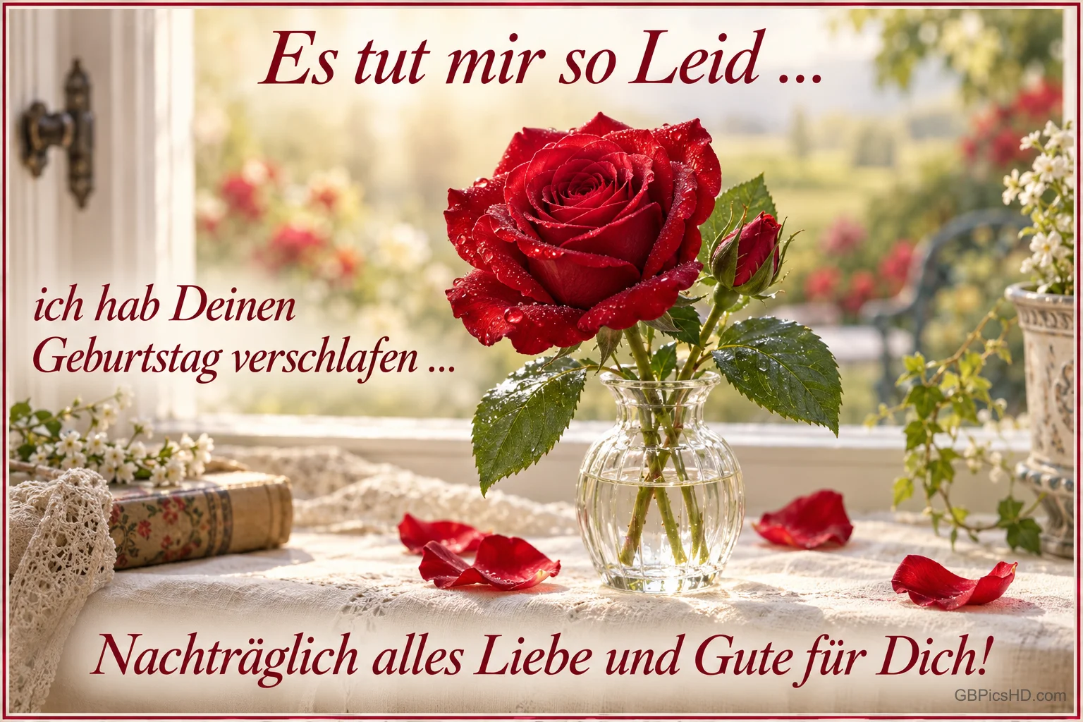 Eine rote Rose steht in einer Glasvase auf einem Tisch mit Spitze und Rosenblättern unter "Es tut mir so leid ...".