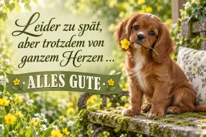 Ein brauner Welpe mit gelber Blume sitzt auf einer Gartenbank neben dem Gruß "ALLES GUTE".