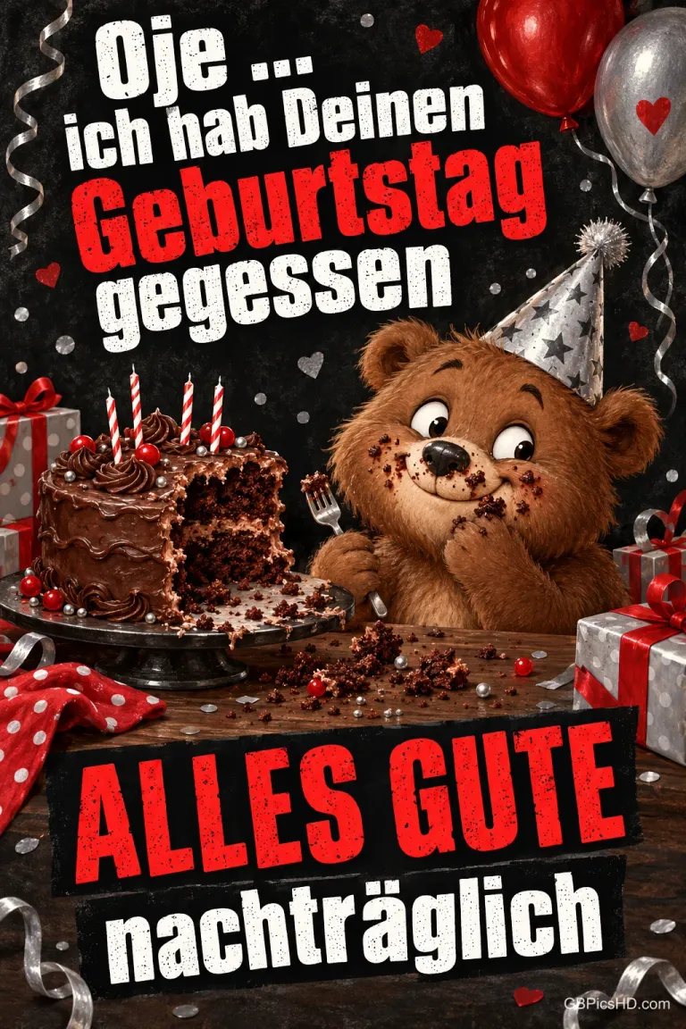 Ein Bär mit Partyhut und Schokolade am Maul sitzt neben einer angeschnittenen Torte mit dem Gruß "ALLES GUTE nachträglich".