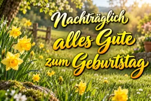 Gelbe Narzissen im sonnigen Garten mit dem Schriftzug "Nachträglich alles Gute zum Geburtstag".