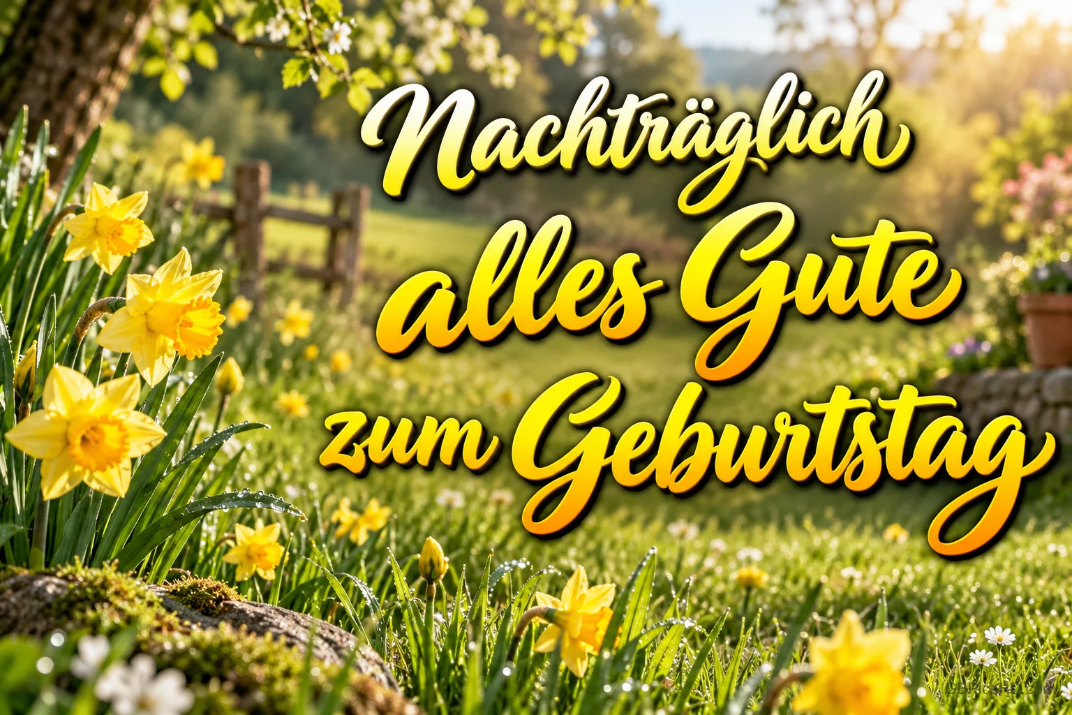 Gelbe Narzissen im sonnigen Garten mit dem Schriftzug "Nachträglich alles Gute zum Geburtstag".