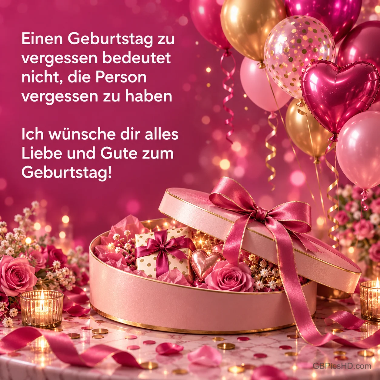 Rosa Geschenkbox, Rosen und Ballons mit "Ich wünsche dir alles Liebe und Gute zum Geburtstag!".