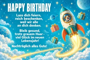 Ein Hund fliegt in einer Rakete zwischen Planeten und Geschenken neben dem Gruß "Nachträglich alles Gute!".