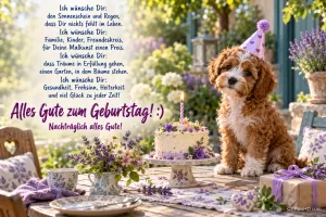 Ein lockiger Welpe mit Partyhut sitzt neben einer Blumentorte mit Kerze und dem Gruß "Nachträglich alles Gute!".