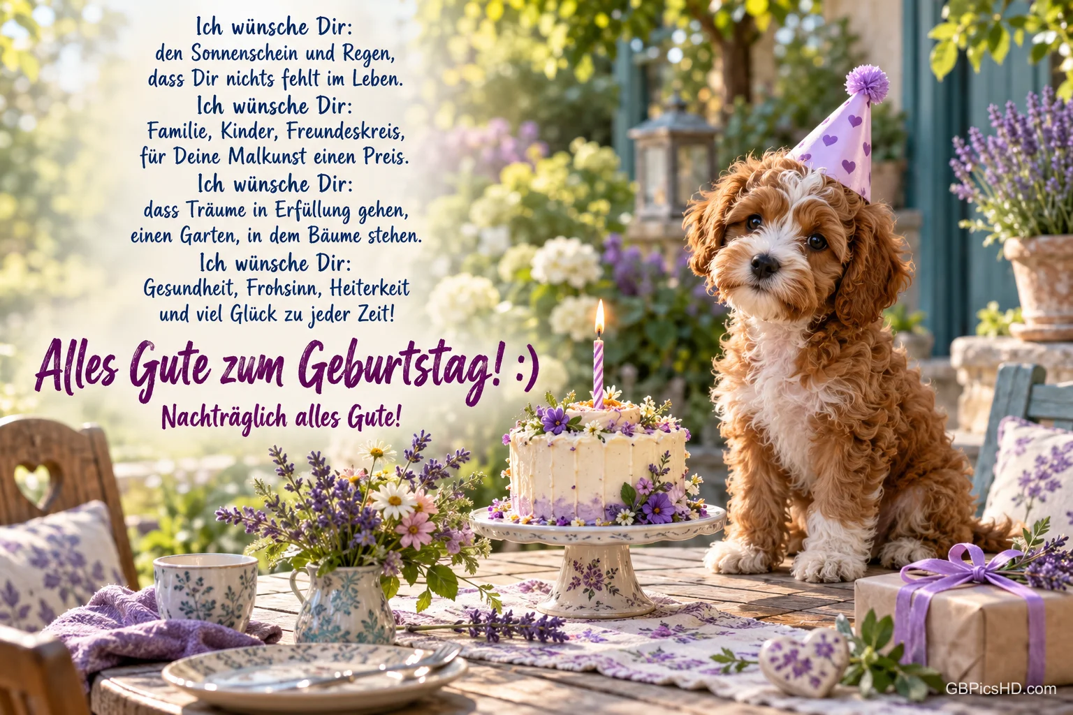 Ein lockiger Welpe mit Partyhut sitzt neben einer Blumentorte mit Kerze und dem Gruß "Nachträglich alles Gute!".