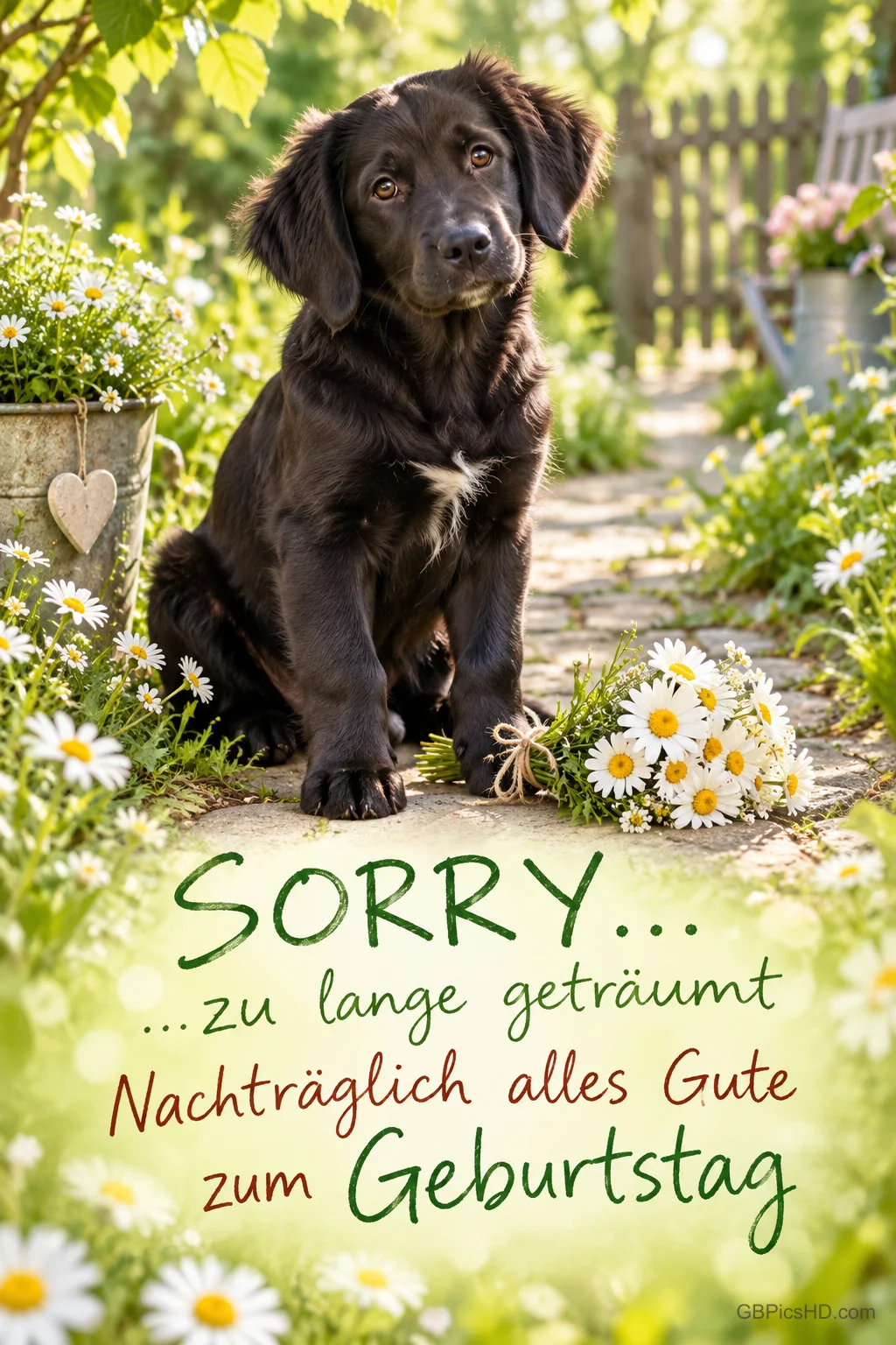 Ein schwarzer Welpe sitzt neben einem Gänseblümchenstrauß über dem Gruß "Nachträglich alles Gute zum Geburtstag".