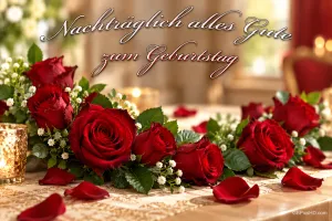 Rote Rosen mit Schleierkraut und verstreuten Blütenblättern auf einem Tisch mit "Nachträglich alles Gute zum Geburtstag".