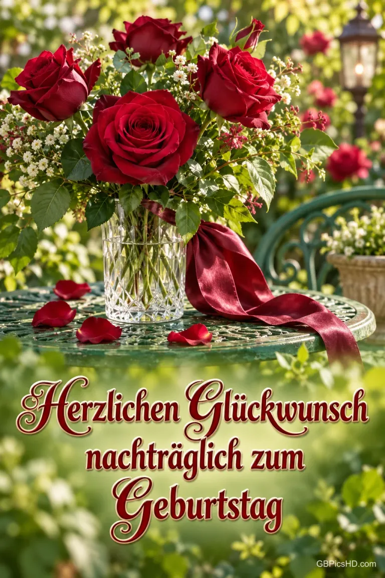Rote Rosen stehen mit einem roten Band auf einem Gartentisch über dem Gruß "Herzlichen Glückwunsch nachträglich zum Geburtstag".