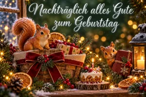 Zwei Eichhörnchen bei Geschenken, einer kleinen Torte und einer Laterne mit "Nachträglich alles Gute zum Geburtstag".