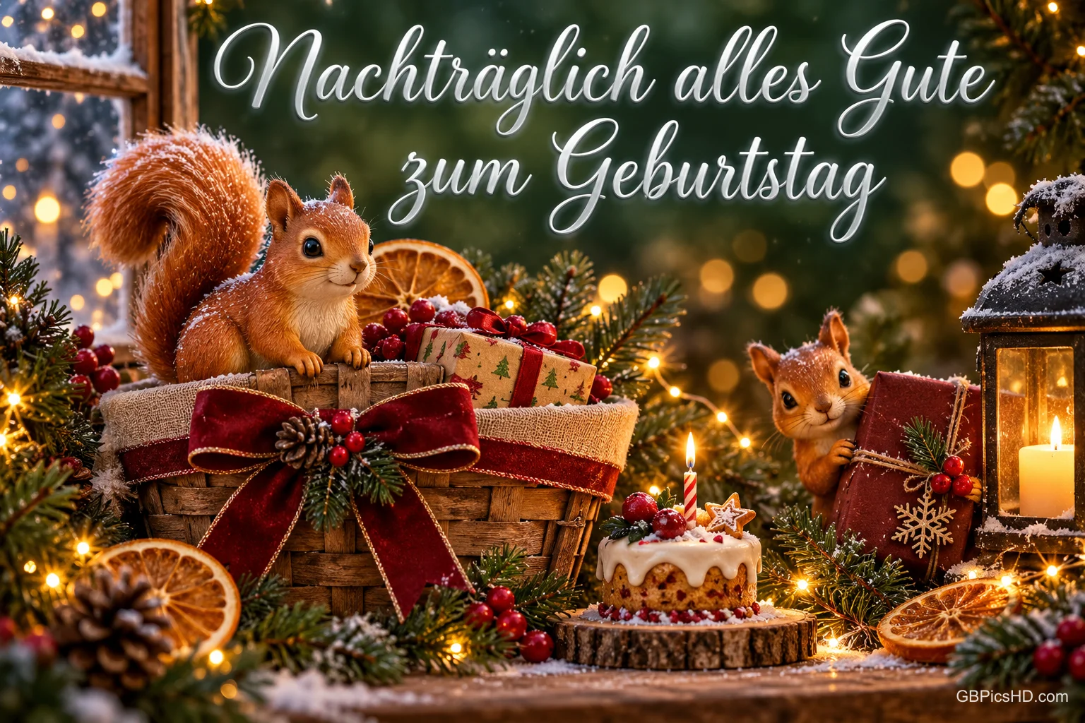 Zwei Eichhörnchen bei Geschenken, einer kleinen Torte und einer Laterne mit "Nachträglich alles Gute zum Geburtstag".