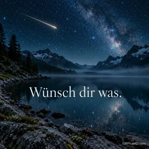 Eine Sternschnuppe über der Milchstraße und einem Bergsee bei Nacht mit dem Schriftzug "Wünsch dir was.".