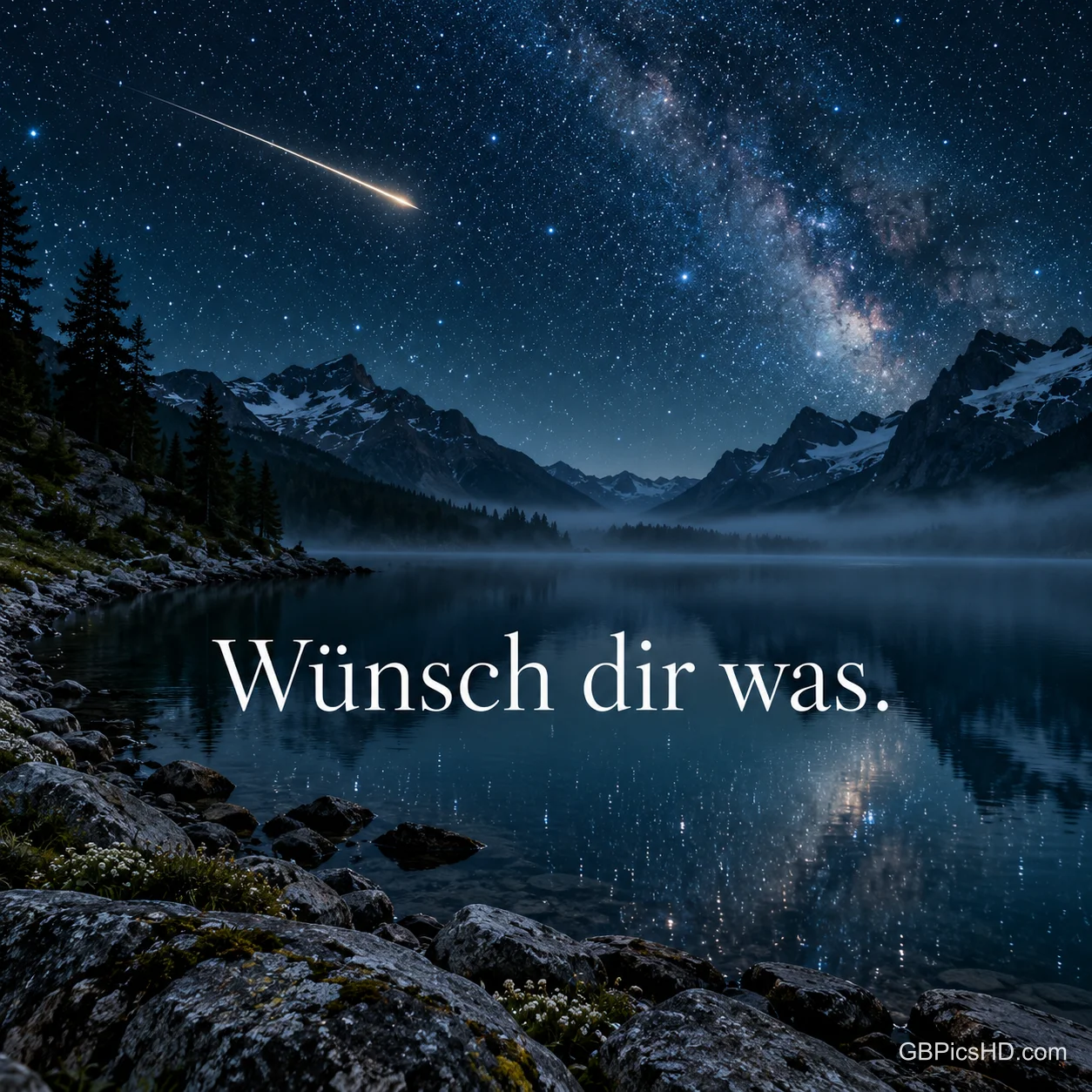 Eine Sternschnuppe über der Milchstraße und einem Bergsee bei Nacht mit dem Schriftzug "Wünsch dir was.". Eine Sternschnuppe über der Milchstraße und einem Bergsee bei Nacht mit dem Schriftzug "Wünsch dir was.".