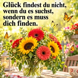 Ein bunter Strauß aus Sonnenblumen und Gerbera mit Schmetterlingen und dem Spruch "Glück findest du nicht, wenn du es suchst, sondern es muss dich finden.".