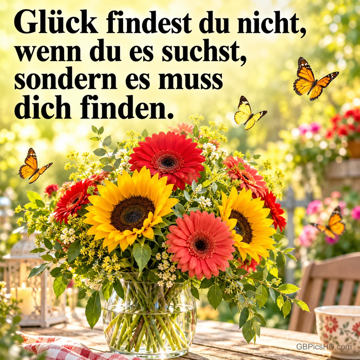 Ein bunter Strauß aus Sonnenblumen und Gerbera mit Schmetterlingen und dem Spruch "Glück findest du nicht, wenn du es suchst, sondern es muss dich finden.". Ein bunter Strauß aus Sonnenblumen und Gerbera mit Schmetterlingen und dem Spruch "Glück findest du nicht, wenn du es suchst, sondern es muss dich finden.".