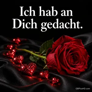 Eine rote Rose und glitzernde Herzen auf schwarzem Satin mit dem Text "Ich hab an Dich gedacht.".