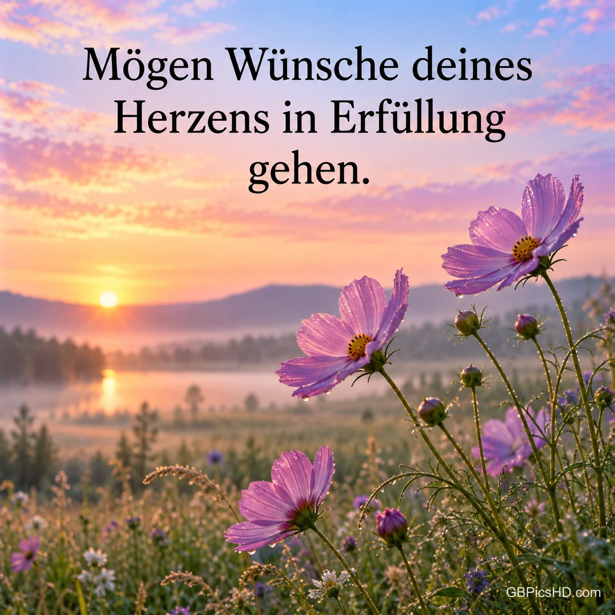 Lila Cosmea-Blüten vor einem Sonnenaufgang über einem nebligen See mit dem Spruch "Mögen Wünsche deines Herzens in Erfüllung gehen.". Lila Cosmea-Blüten vor einem Sonnenaufgang über einem nebligen See mit dem Spruch "Mögen Wünsche deines Herzens in Erfüllung gehen.".