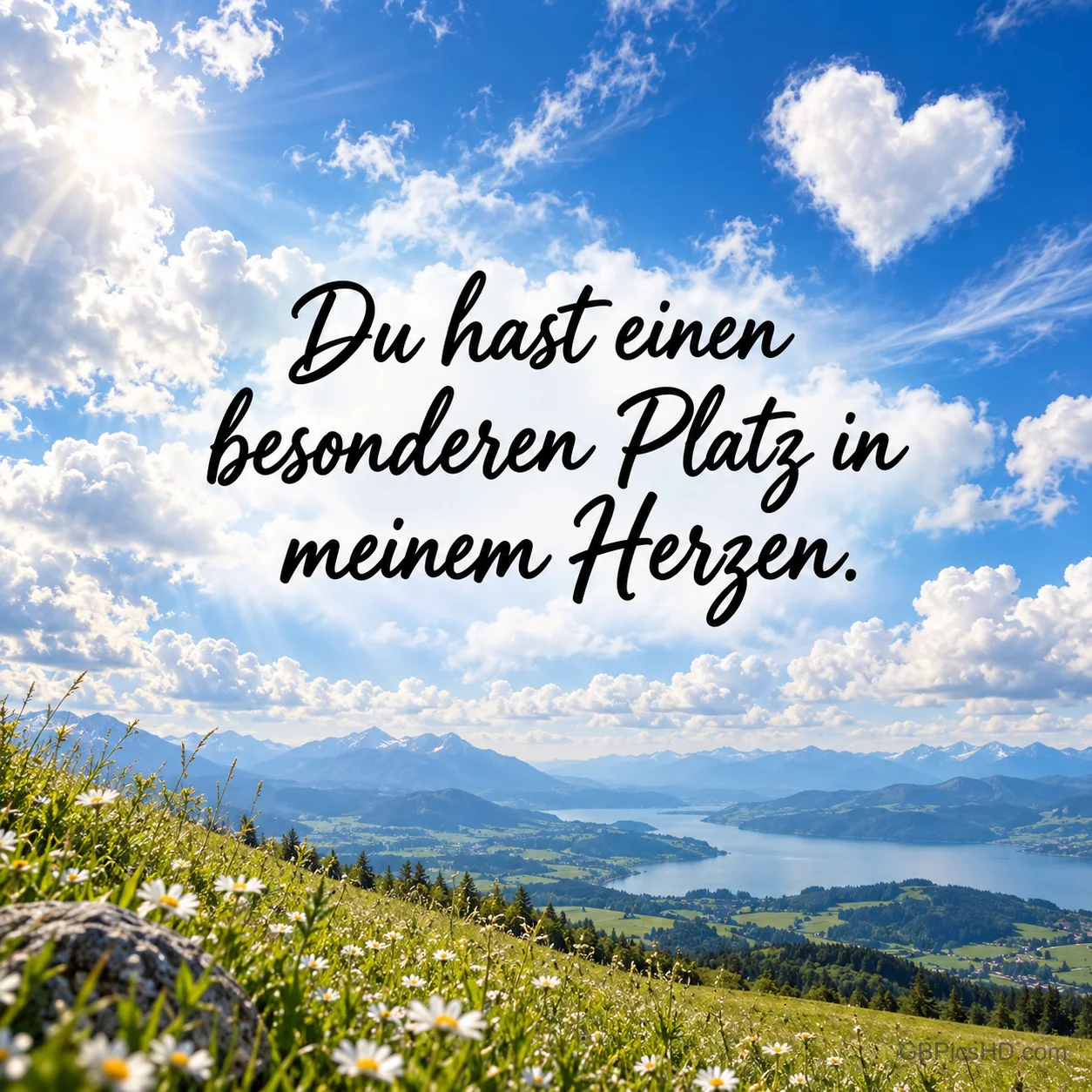 Eine Herz-Wolke am blauen Himmel über einer Berglandschaft mit dem Schriftzug "Du hast einen besonderen Platz in meinem Herzen.". Eine Herz-Wolke am blauen Himmel über einer Berglandschaft mit dem Schriftzug "Du hast einen besonderen Platz in meinem Herzen.".