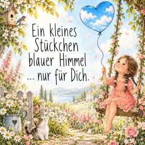 Ein gezeichnetes Mädchen auf einer Blumenschaukel mit einem herzförmigen Ballon voller Himmel und dem Text "Ein kleines Stückchen blauer Himmel ... nur für Dich.".