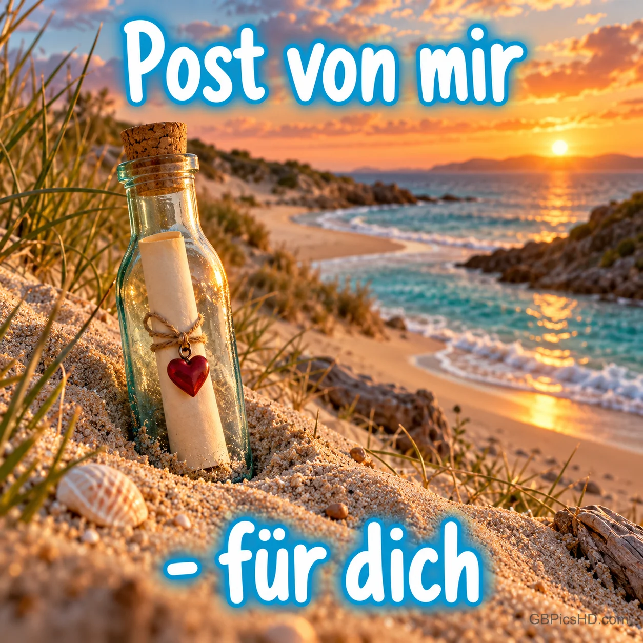 Eine Flaschenpost mit Herz im Sand bei Sonnenuntergang am Meer und dem Schriftzug "Post von mir - für dich". Eine Flaschenpost mit Herz im Sand bei Sonnenuntergang am Meer und dem Schriftzug "Post von mir - für dich".