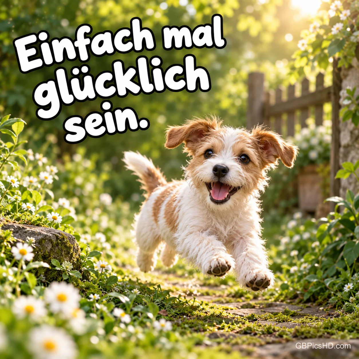 Ein fröhlicher kleiner Hund springt durch einen sonnigen Garten, dazu der Spruch "Einfach mal glücklich sein.". Ein fröhlicher kleiner Hund springt durch einen sonnigen Garten, dazu der Spruch "Einfach mal glücklich sein.".