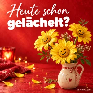 Lachende gelbe Blumen in einem Krug vor rotem Hintergrund mit der Frage "Heute schon gelächelt?".