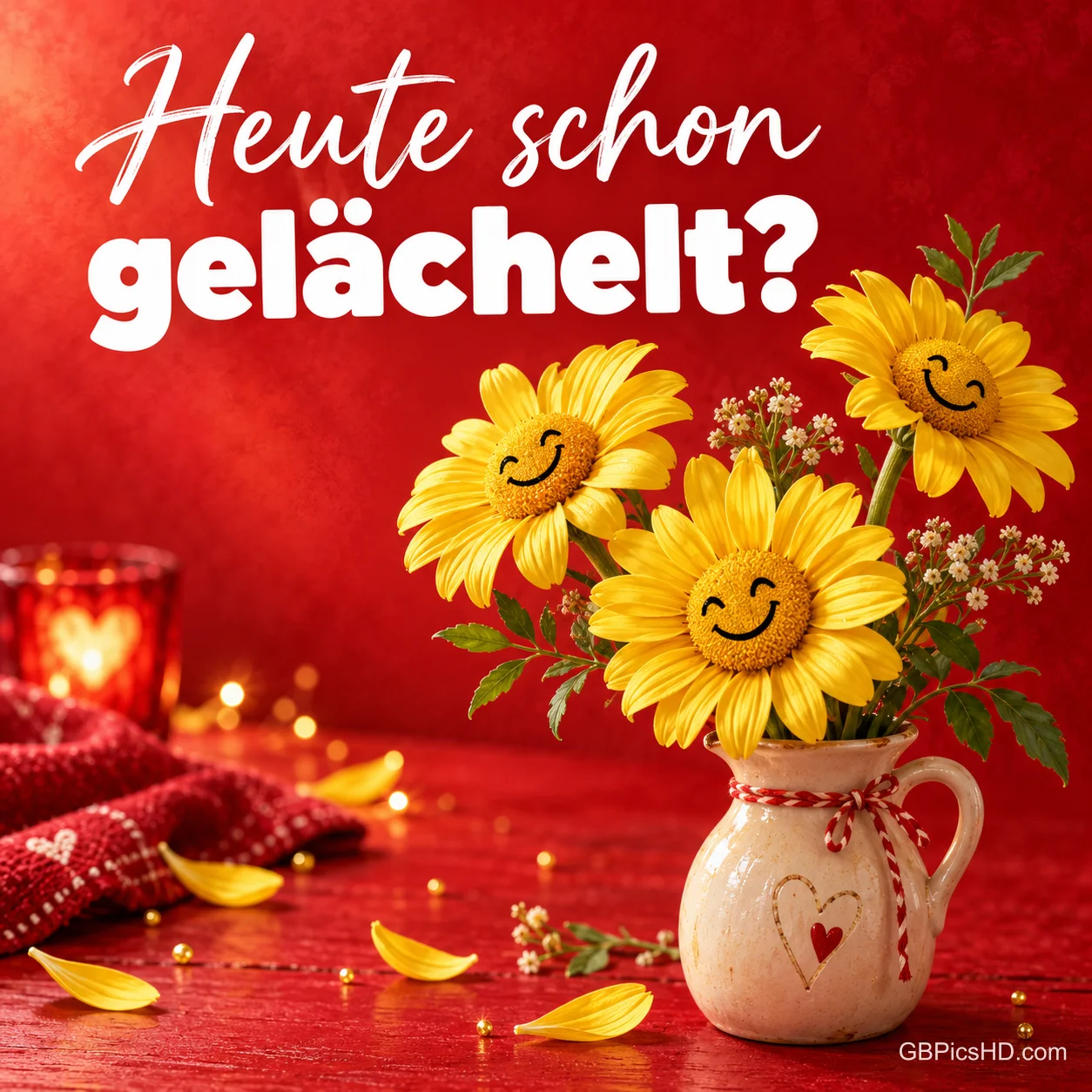 Lachende gelbe Blumen in einem Krug vor rotem Hintergrund mit der Frage "Heute schon gelächelt?". Lachende gelbe Blumen in einem Krug vor rotem Hintergrund mit der Frage "Heute schon gelächelt?".