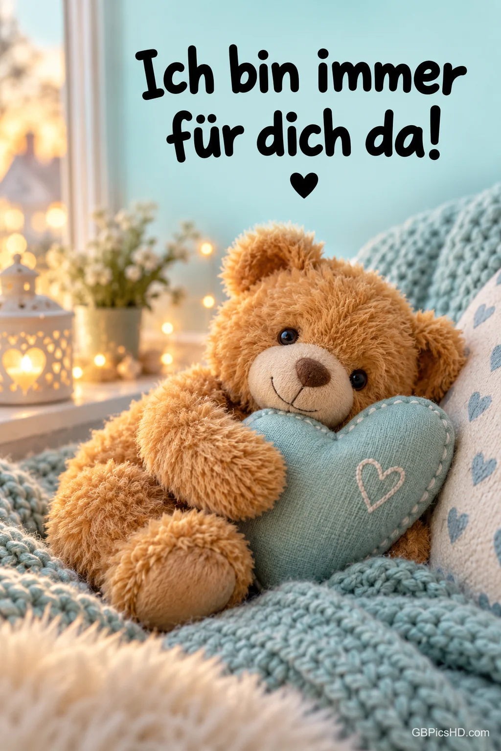 Ein kuscheliger Teddybär mit einem Stoffherz auf einer blauen Strickdecke und dem Text "Ich bin immer für dich da!". Ein kuscheliger Teddybär mit einem Stoffherz auf einer blauen Strickdecke und dem Text "Ich bin immer für dich da!".