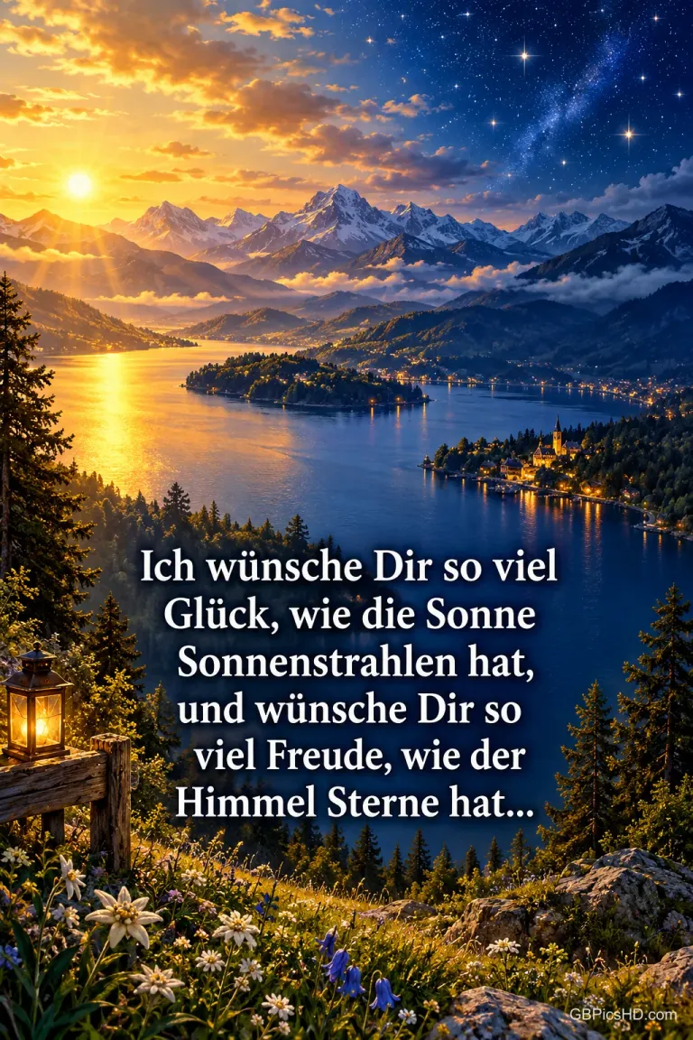 Eine Seenlandschaft zwischen Sonnenuntergang und Sternenhimmel mit dem Spruch "Ich wünsche Dir so viel Glück, wie die Sonne Sonnenstrahlen hat, und wünsche Dir so viel Freude, wie der Himmel Sterne hat...".