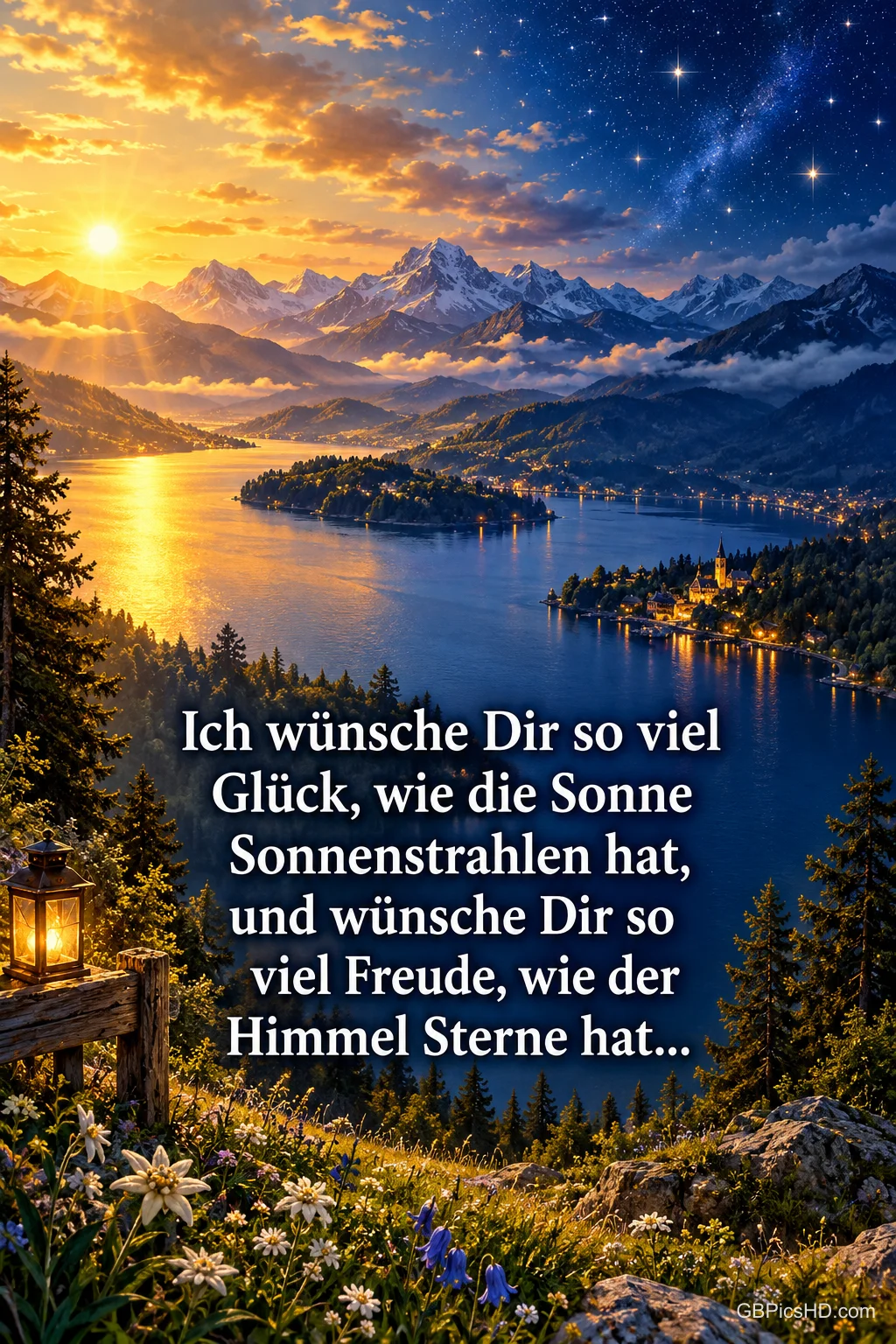 Eine Seenlandschaft zwischen Sonnenuntergang und Sternenhimmel mit dem Spruch "Ich wünsche Dir so viel Glück, wie die Sonne Sonnenstrahlen hat, und wünsche Dir so viel Freude, wie der Himmel Sterne hat...". Eine Seenlandschaft zwischen Sonnenuntergang und Sternenhimmel mit dem Spruch "Ich wünsche Dir so viel Glück, wie die Sonne Sonnenstrahlen hat, und wünsche Dir so viel Freude, wie der Himmel Sterne hat...".
