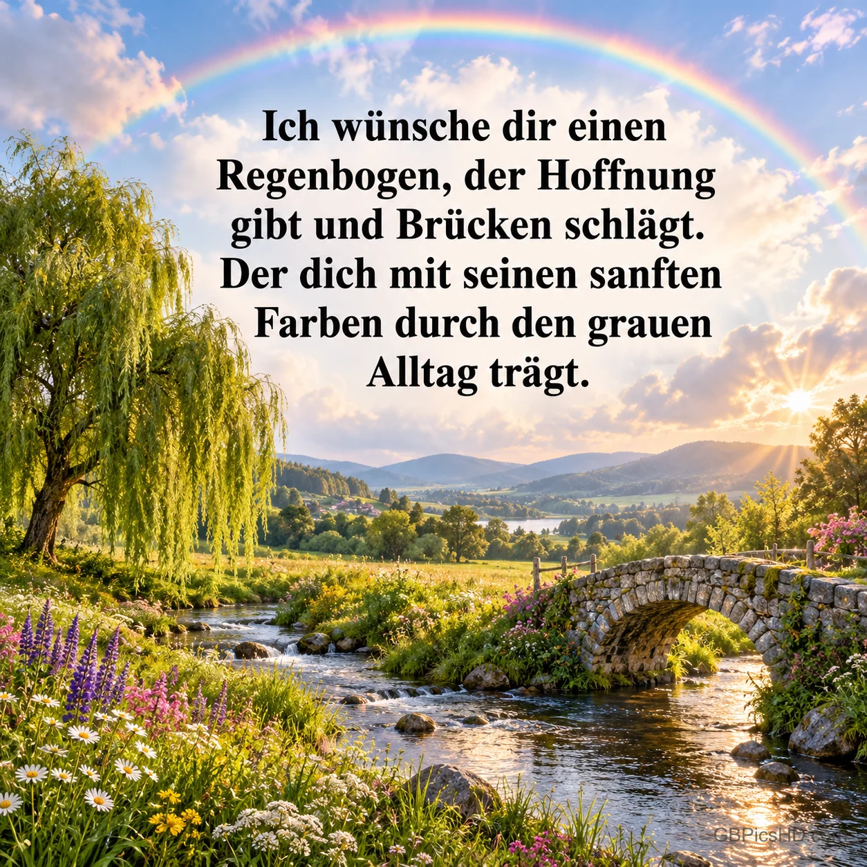 Ein Regenbogen über einer Flusslandschaft mit Steinbrücke, Trauerweide und Wildblumen mit dem Spruch "Ich wünsche dir einen Regenbogen, der Hoffnung gibt und Brücken schlägt.". Ein Regenbogen über einer Flusslandschaft mit Steinbrücke, Trauerweide und Wildblumen mit dem Spruch "Ich wünsche dir einen Regenbogen, der Hoffnung gibt und Brücken schlägt.".