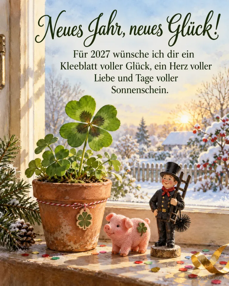 Ein Glücksklee im Tontopf mit Schornsteinfeger-Figur und Marzipanschwein auf der sonnigen Fensterbank, dazu "Neues Jahr, neues Glück!".