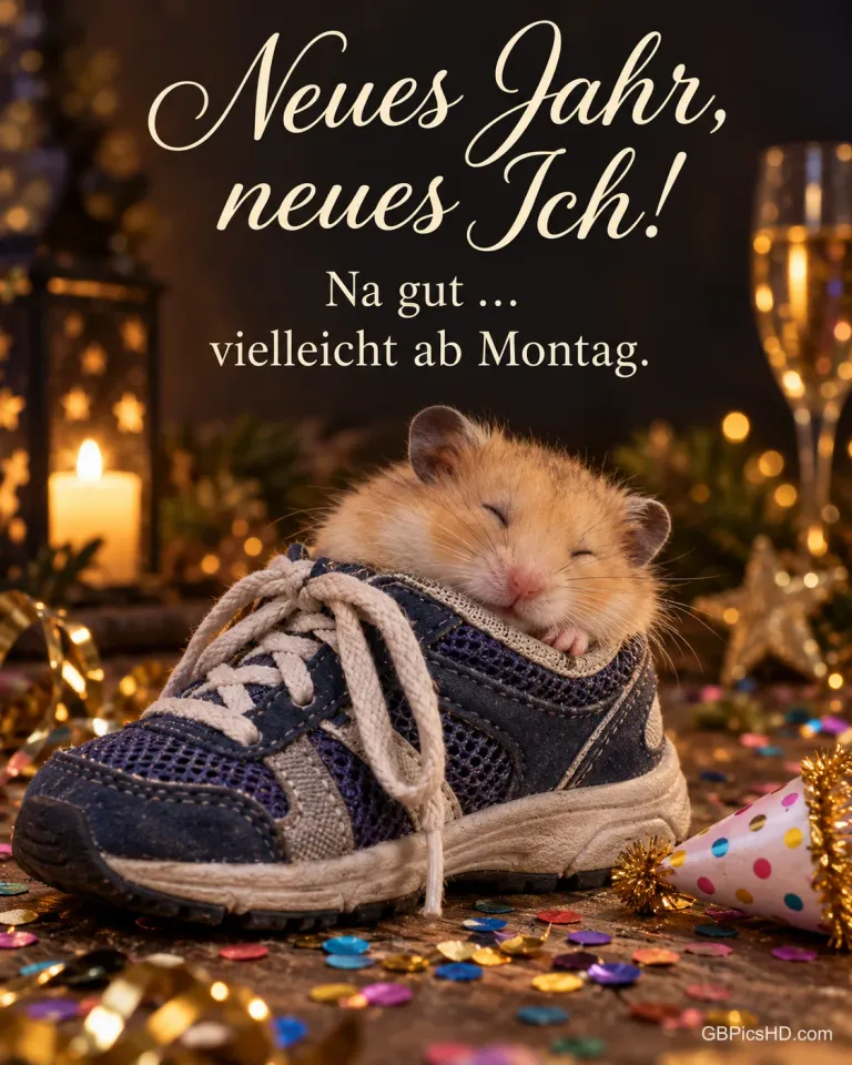 Ein flauschiger Hamster schläft in einem Turnschuh zwischen Konfetti und einem kleinen Partyhut, dazu "Neues Jahr, neues Ich!".