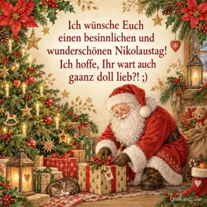 Der Nikolaus kniet in einer festlich geschmückten Stube mit Weihnachtsbaum, Laternen und Weihnachtssternen und legt Geschenke ab, darüber ein augenzwinkernder Nikolausgruß