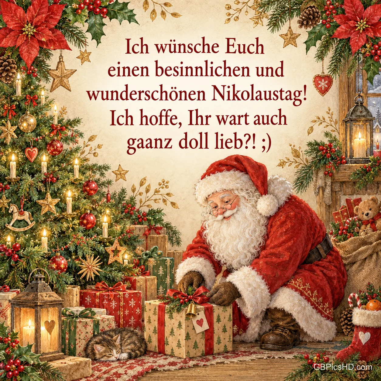 Der Nikolaus kniet in einer festlich geschmückten Stube mit Weihnachtsbaum, Laternen und Weihnachtssternen und legt Geschenke ab, darüber ein augenzwinkernder Nikolausgruß Der Nikolaus kniet in einer festlich geschmückten Stube mit Weihnachtsbaum, Laternen und Weihnachtssternen und legt Geschenke ab, darüber ein augenzwinkernder Nikolausgruß