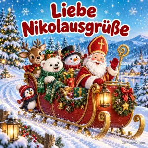 Der Nikolaus mit Mitra und Bischofsstab fährt im roten Schlitten mit Rentier, Eisbär, Schneemann und Pinguin durch eine verschneite Berglandschaft